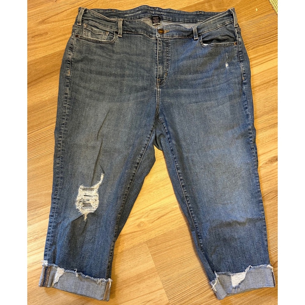 Lane Bryant Girlfriend Crop Jeans 22R Medium Wash Distressed Raw Hem Denim